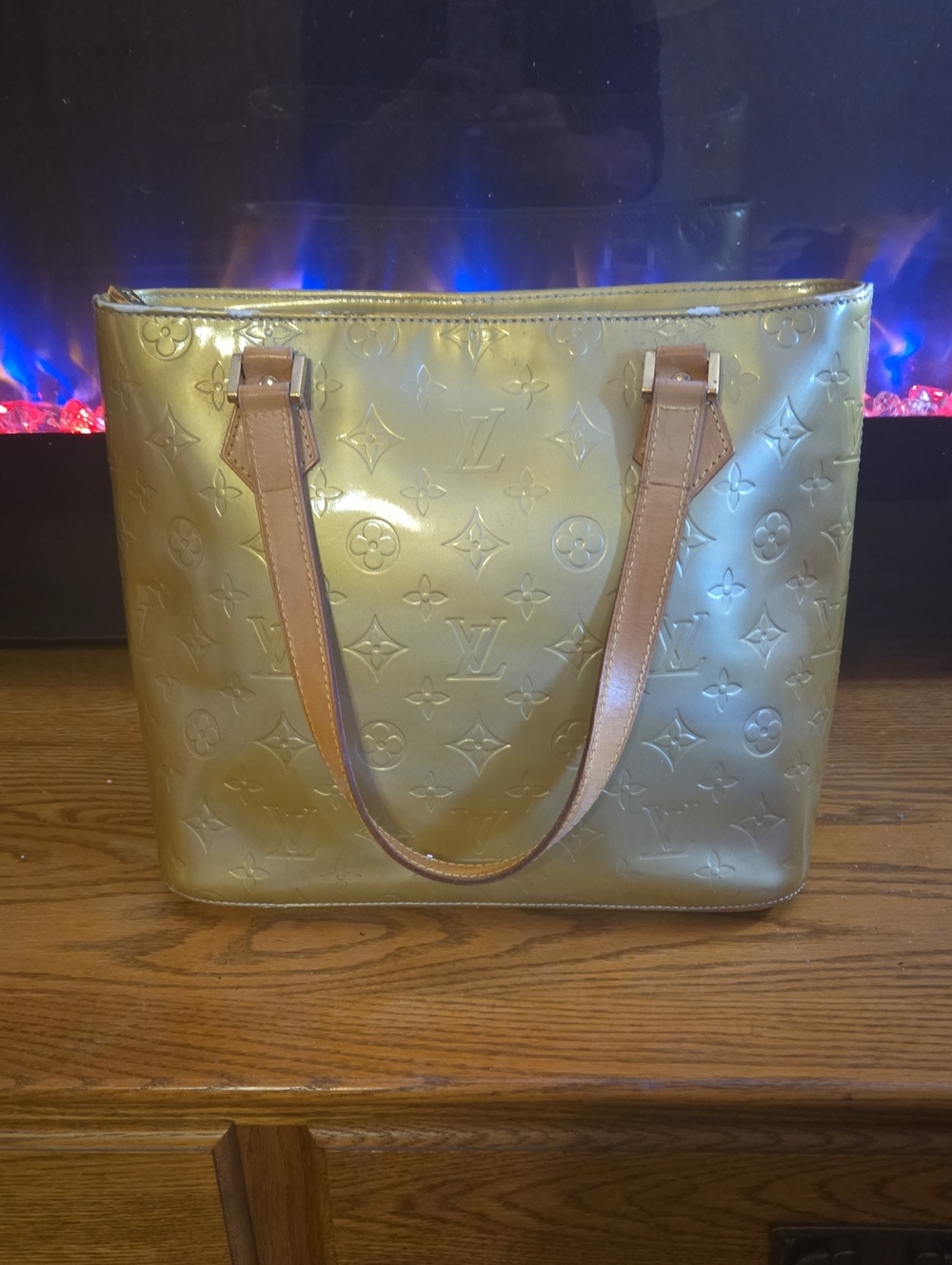 Vintage Louis Vuitton Gold Patent Monogram Tote with Tan Leather Handles